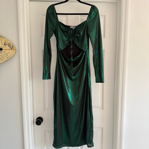 NSR Emerald Green Metallic Cutout Ruched Midi Dress Long Sleeve Party Holiday M - Picture 2 of 8